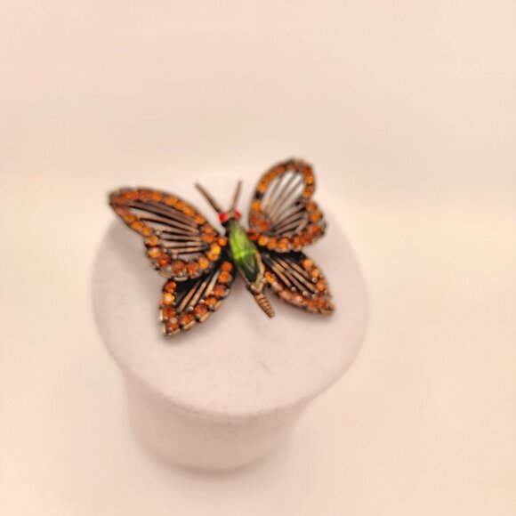 Vintage  Weiss Bronze Butterfly Brooch With Amber & Green Rhinestones - Picture 2 of 10